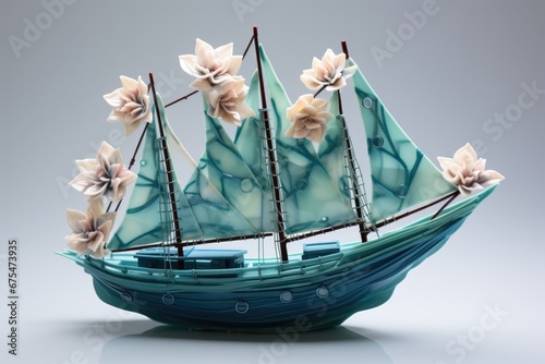 A blue and white boat with flowers on it