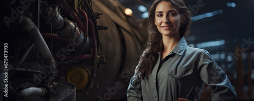 Aerospace woman engineer work on maintaining an airplane jet engine. banner