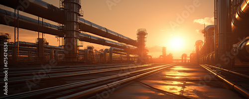 steel long gas or oil pipes in factory against sunset light. copyspace for your text.