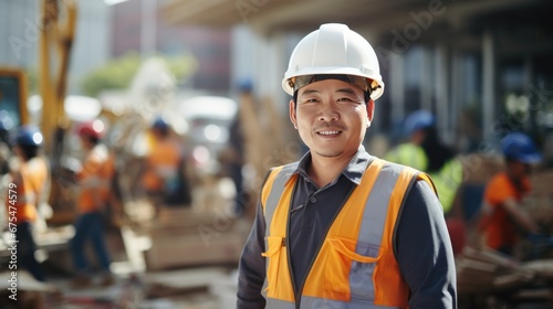 Portrait. Young Asian worker, smiling looking at camera with blurred construction site. © CStock
