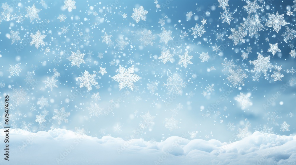 Winter Wonderland: This 3D Christmas background features delicate white falling snowflakes against a blue winter sky