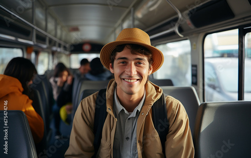 A fair-skinned young guy in a light jacket rides on a bus. Traveling and Tourism Concept.