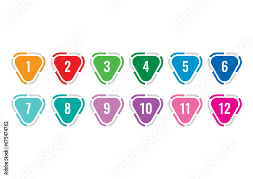 colored triangles and 1-12 math numbers. 1-12 sequential numbers for education, business, university, academia. 1-12 math numbers