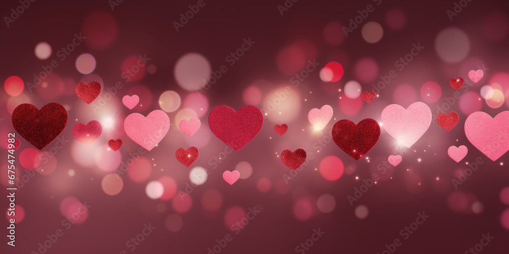 Valentine's day banner. Heart shapes background with bokeh and shimmers