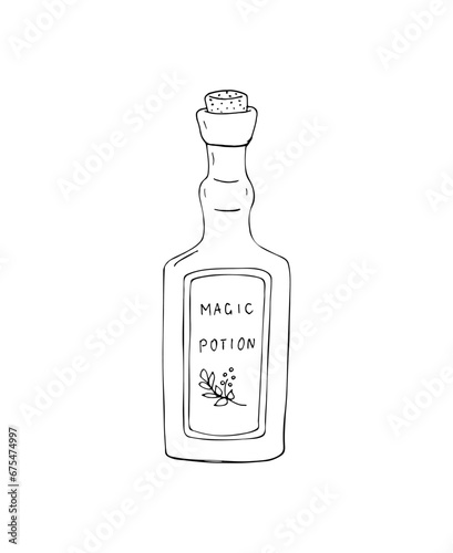 Hand-drawn Magic Potion bottle.  Magic elixir bottle. Illustration of the magic bottle with cork. Vector illustration isolated on a white background. Hand drawn Illustration for witches. 