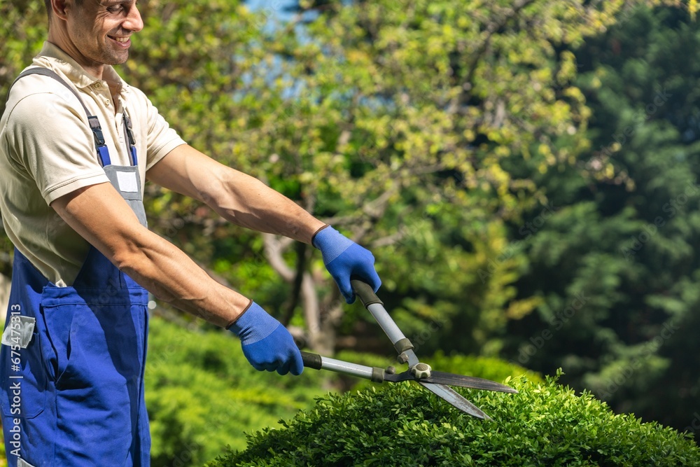 Garden Pruning Worker, Cutting the Sprigs and Leaves concept. Garden Pruning Worker, Cutting the Sprigs and Leaves concept.