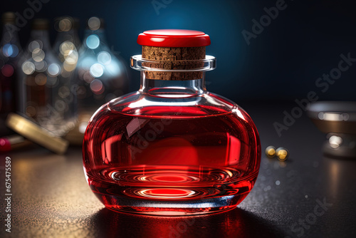Magic potion, glass bottle full of red liquid, mana