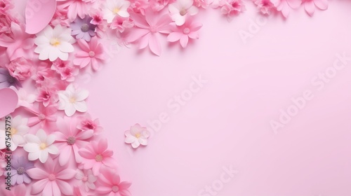 Pink flowers and a paper heart are arranged creatively over a vibrant pastel background. flat lay, top view. Summer, spring, or a garden idea. on Woman's Day, give a gift.
