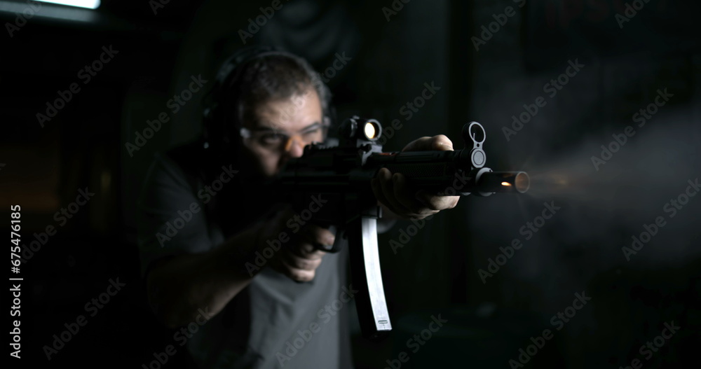 Front View of Man Firing Shotgun, 800fps Super Slow-Motion, High-Speed Powerful Weapon Shooting