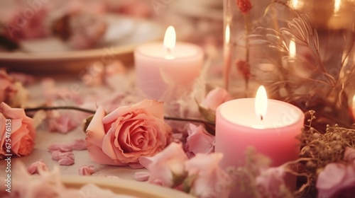 Slow motion, close-up table prepared and decorated with candles, pastel dried flowers, and plates for a bohemian-style wedding feast.