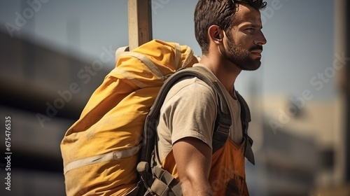 Side view of Caucasian construction worker carrying sack