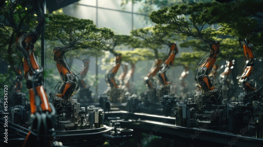 Robotic arms making trees. Robots and nature, robots and the environment.