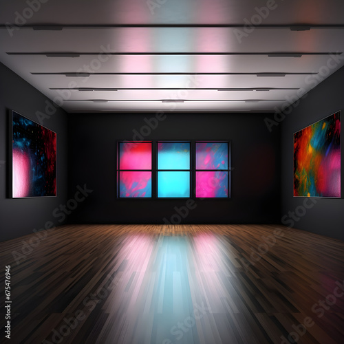 large, dark and empty art galerie with art pieces on the wall