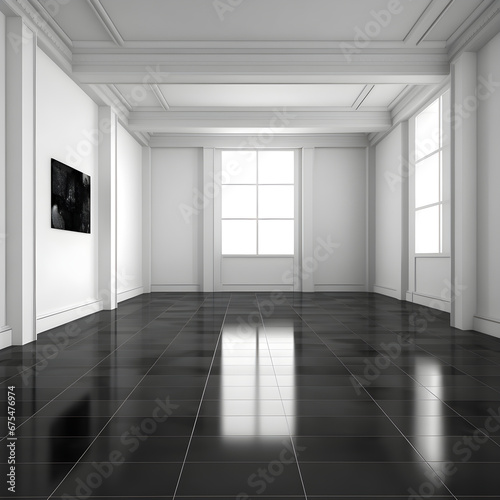 large and empty hallway made with black Tile
