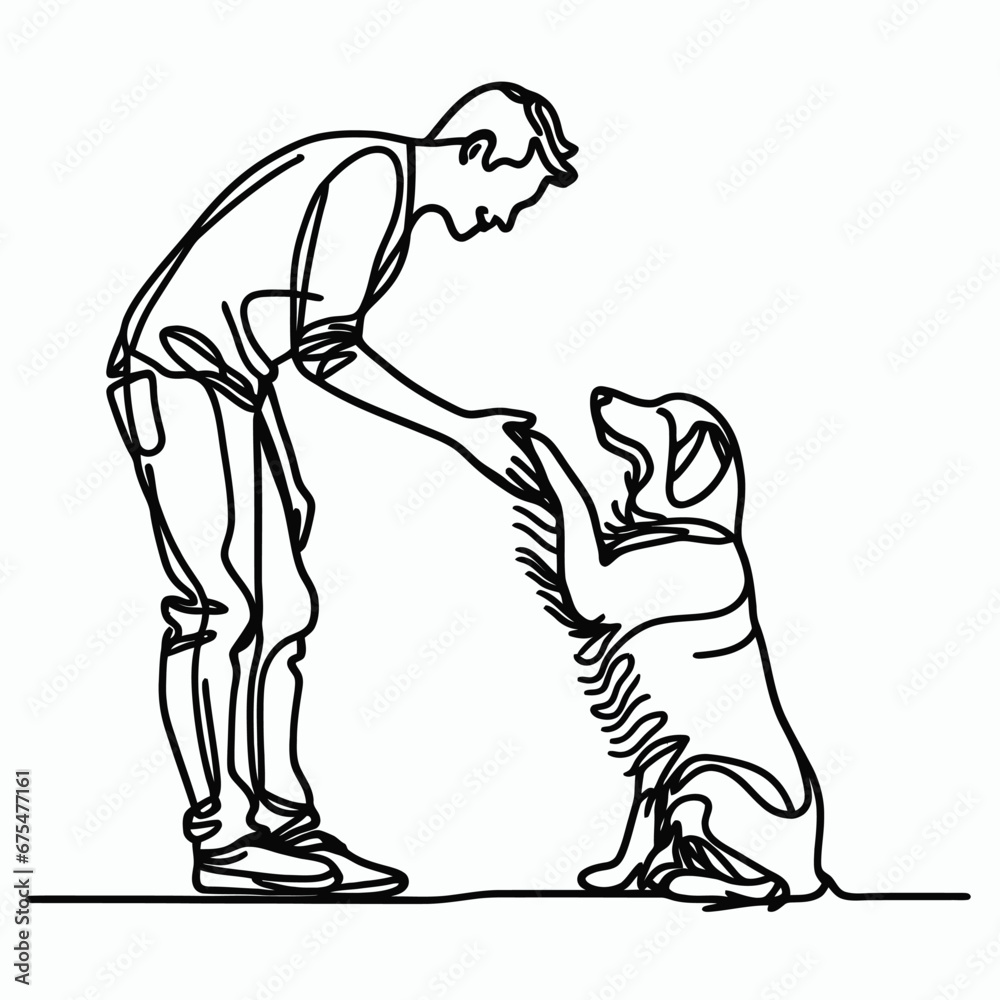 Fototapeta premium Man high-fiving dog in continuous line art drawing style. Pet and people friendship. Black linear sketch isolated on white background. Vector illustration
