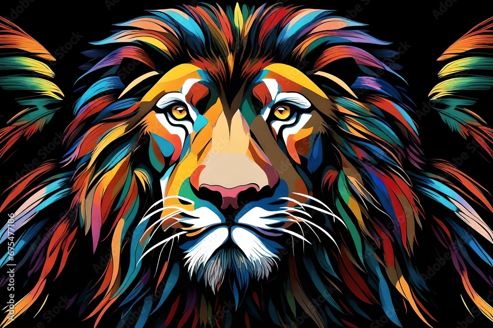 a multicolored lion's head on a black background. Generative AI a multicolored lion's head on a black background. Generative AI
