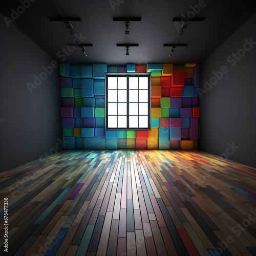 large and empty room with a creativ wall made of  colored cubes
