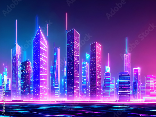 Synthetic wave, cyber wave in futuristic cyberpunk style, neon city at night near the beach, generative AI
