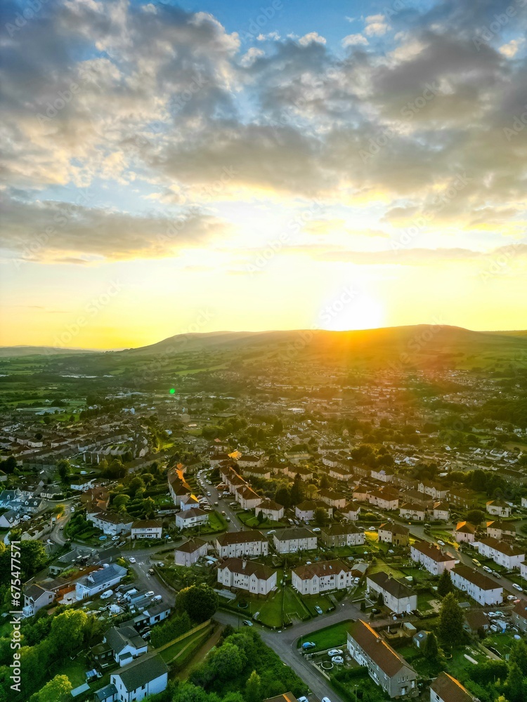 Aerial view of the suburban Kilsyth town in the countryside at sunset
