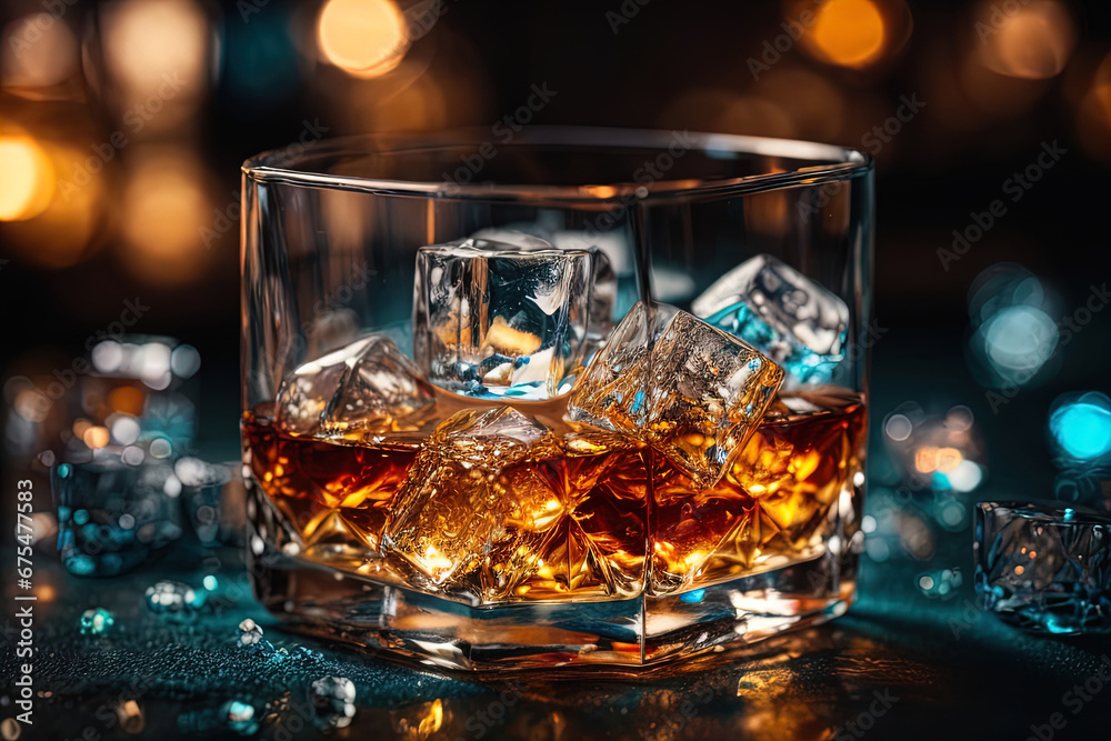 Whiskey in a glass with ice cubes 