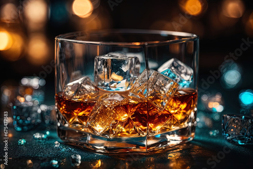 Whiskey in a glass with ice cubes 