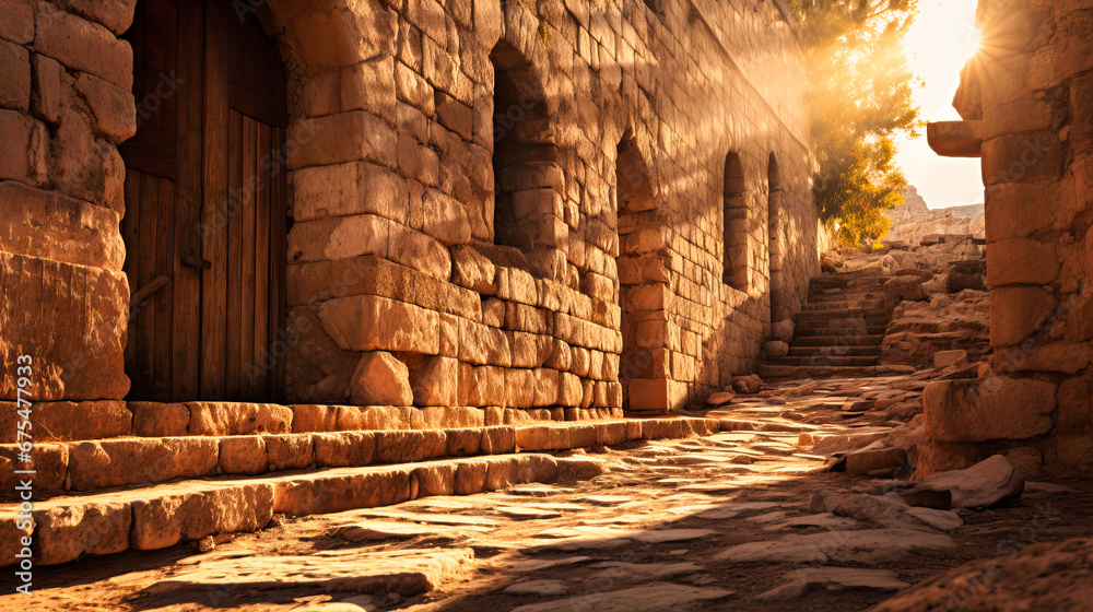 Naklejka premium Sunlight casting shadows on ancient, weathered stone structures