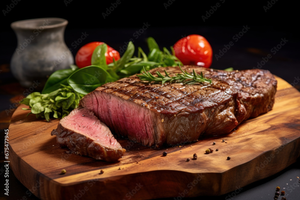 Beef steak served on wooden board with herbs and spices Beef steak served on wooden board with herbs and spices