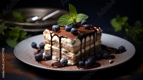 Composition with tiramisu cake decorated with mint leaves on table against dark background