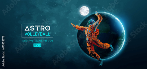 Abstract silhouette of a volleyball player astronaut in space action and Earth, Mars, planets on the background of the space. Volleyball player astronaut hits the ball. Vector 3d render illustration photo