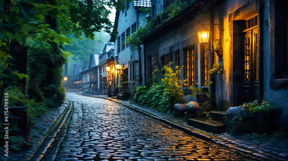 Atmospheric streetscape of a picturesque, cobblestone alley