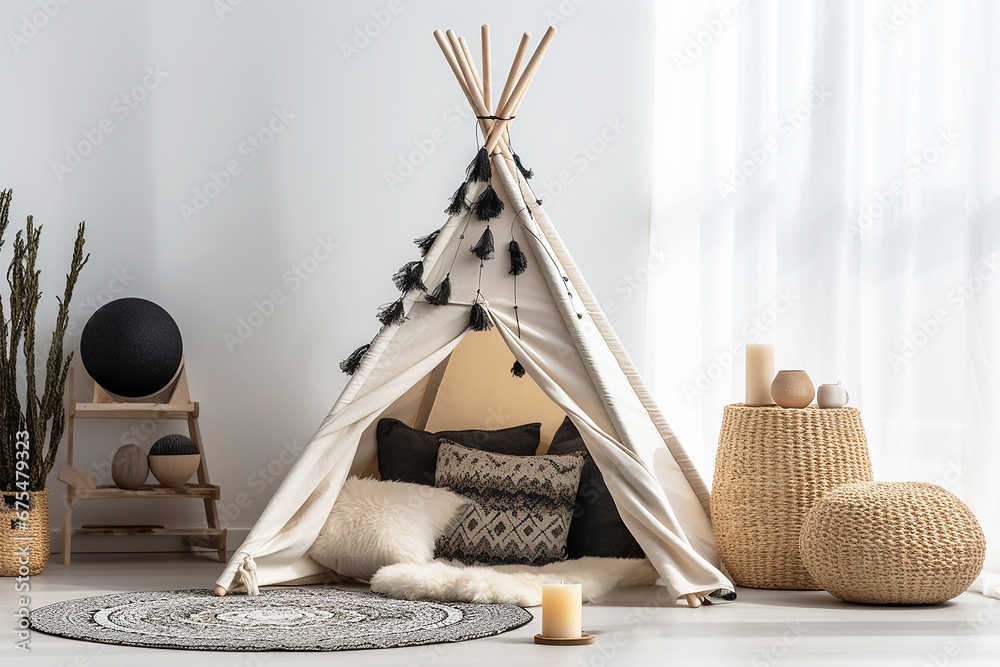 Obraz premium Interior of a bright children's room with a bed and various furniture, minimalism