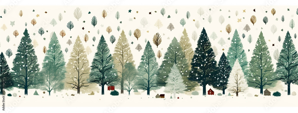 Beautiful wide horizontal Xmas cartoon banner background illustration with Christmas trees and snow in winter - obrazy, fototapety, plakaty 