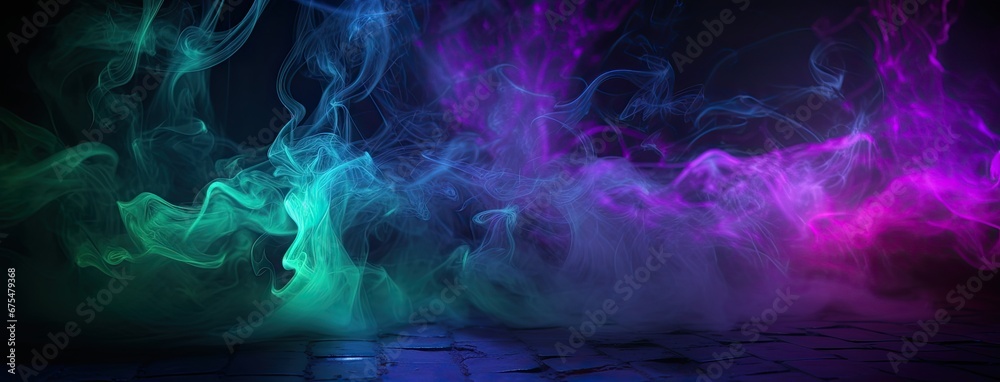 Obraz premium Neon smoke on room floor. Neon fairytale smoke moves on black background. Panoramic view of the abstract fog. Swirling cloudiness, mystery mist or smog rolling low across the ground.