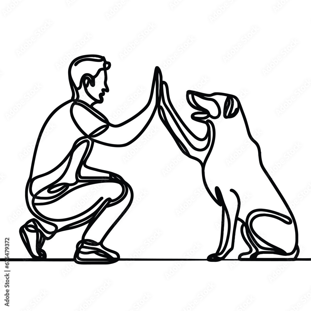 Man high-fiving dog in continuous line art drawing style. Pet and people friendship. Black linear sketch isolated on white background. Vector illustration Man high-fiving dog in continuous line art drawing style. Pet and people friendship. Black linear sketch isolated on white background. Vector illustration