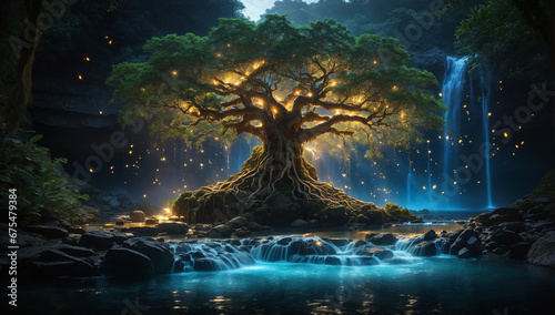 Foto Amidst a tranquil forest, a solitary tree of life stands beneath a waterfall of