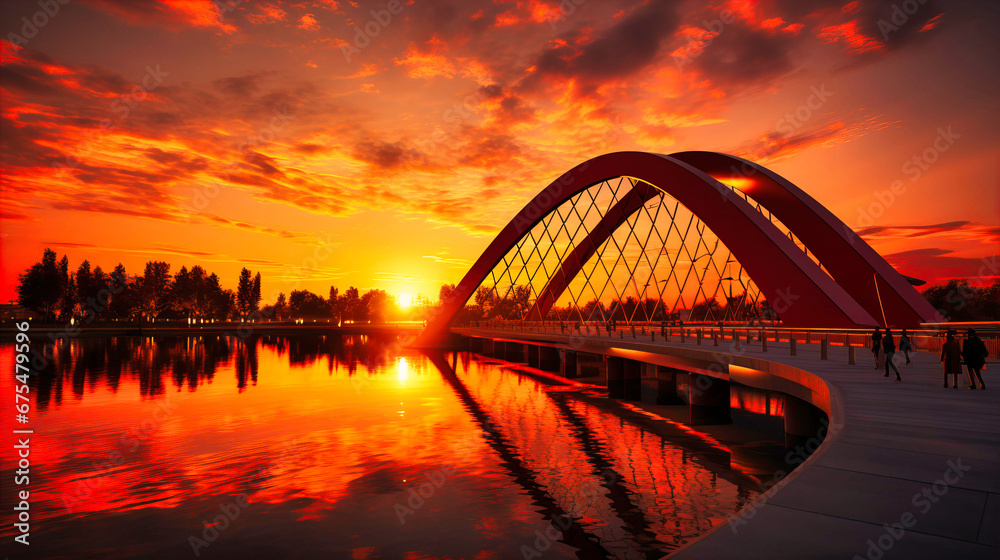 Naklejka premium Ethereal silhouette of a modern bridge against a fiery sunset