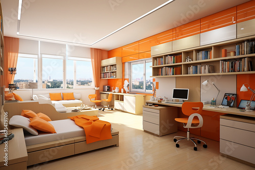  orange interior of a modern bedroom with orange furniture