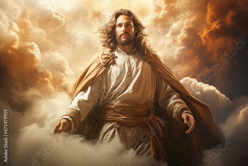 Resurrection of Jesus Christ in heaven surrounded by light, bible story, religion and faith of christianity photo