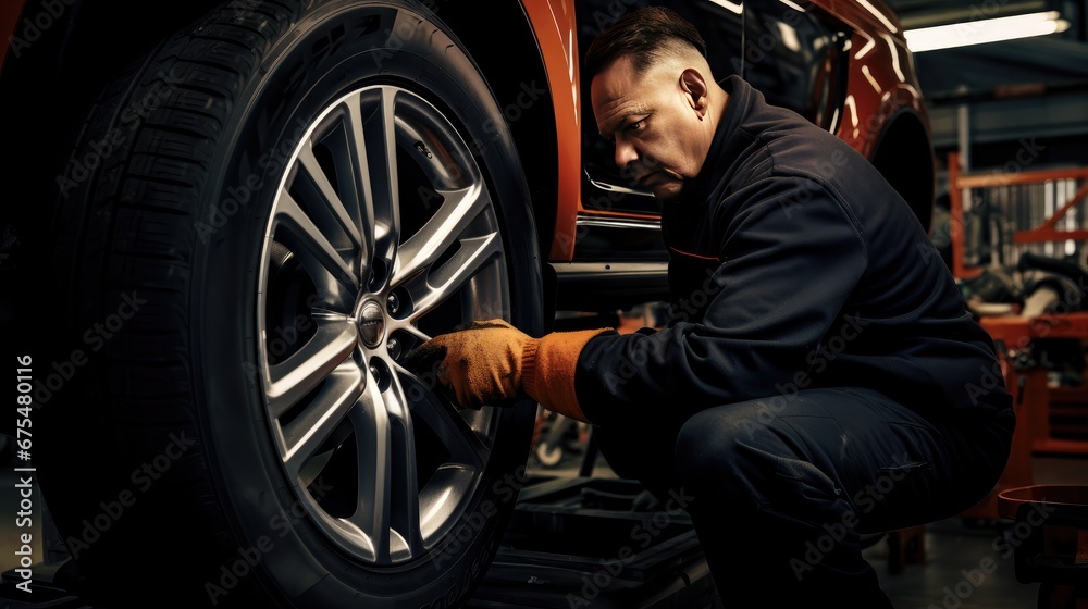 Naklejka premium Skilled Mechanic at Work: A professional mechanic expertly handles tire replacement in an automotive repair garage, ensuring vehicles are equipped with the right tires for the season.
