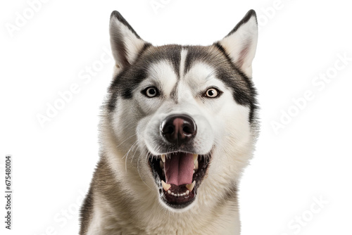 Siberian husky in aggressive mood closeup pose, isolated on transparent background. Concept of animals.