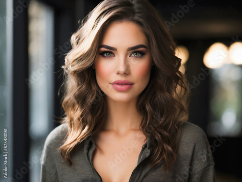Portrait of gorgeous brunette female model smiling, fashion and lifestyle concept background, people template © Karlo