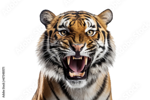 Tiger with roaring face isolated on transparent background. Concept of animals. © The Imaginary Stock