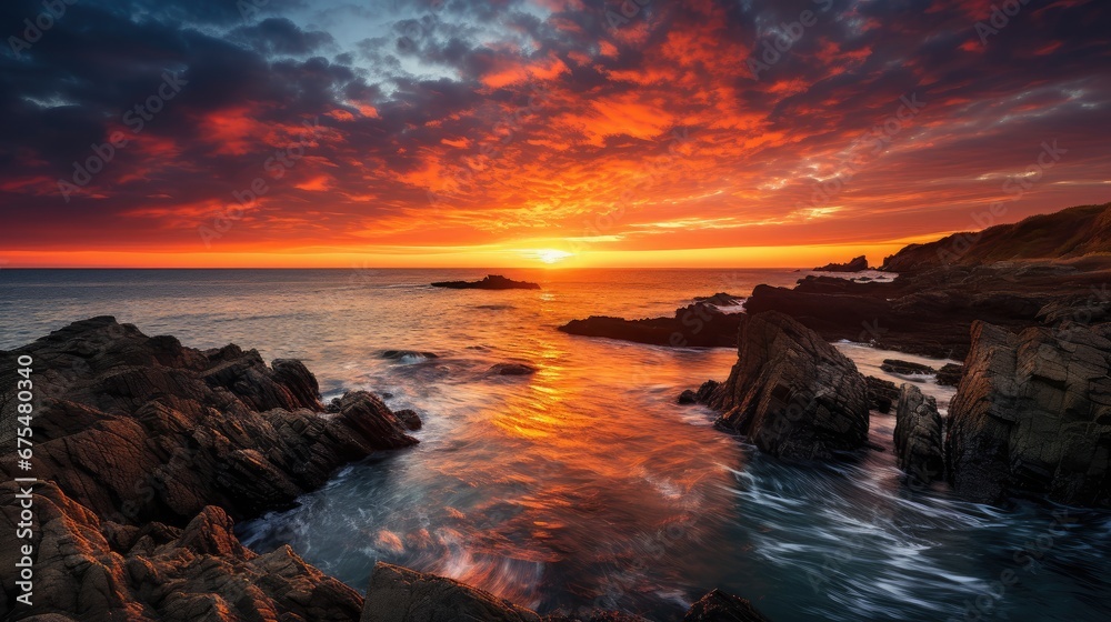 Breathtaking Coastal Sunset: A vivid and colorful sunset over the sea, creating a stunning, serene seascape for your relaxation and inspiration.