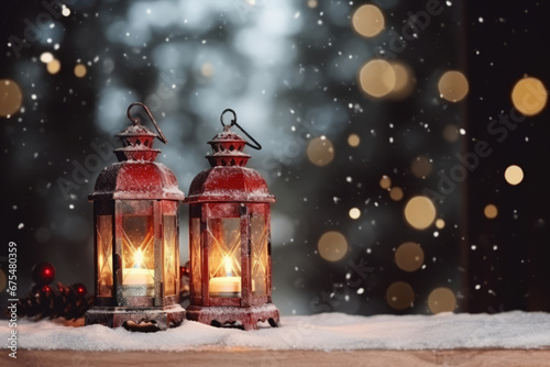 Vintage lanterns with candles on snowy background. Christmas lanterns with burning candle outdoors. Generative AI © barmaleeva