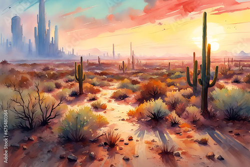 Watercolor painting of the Sonoran Desert at sunset