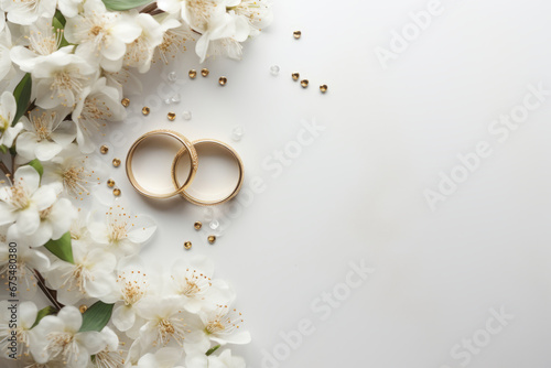 Wedding card in white colors with flowers and wedding rings. Generative AI photo
