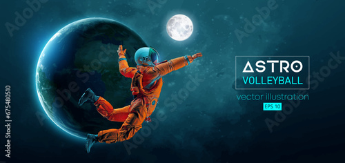 Abstract silhouette of a volleyball player astronaut in space action and Earth, Mars, planets on the background of the space. Volleyball player astronaut hits the ball. Vector 3d render illustration