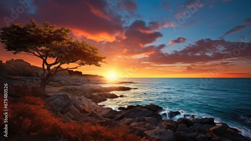 Breathtaking Coastal Sunset  A vivid and colorful sunset over the sea  creating a stunning  serene seascape for your relaxation and inspiration.