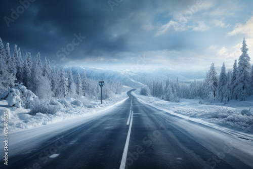 Snowy winter road in a forest. Beautiful winter landscape. Generative AI © barmaleeva