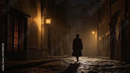 a solitary figure walking down a cobblestone street in an old European town at night